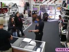 Big ass lesbian thief tricked on sucking dick while her lesbian friend is watching her