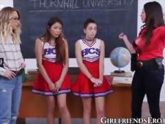 Slutty cheerleaders scissoring on the teachers table